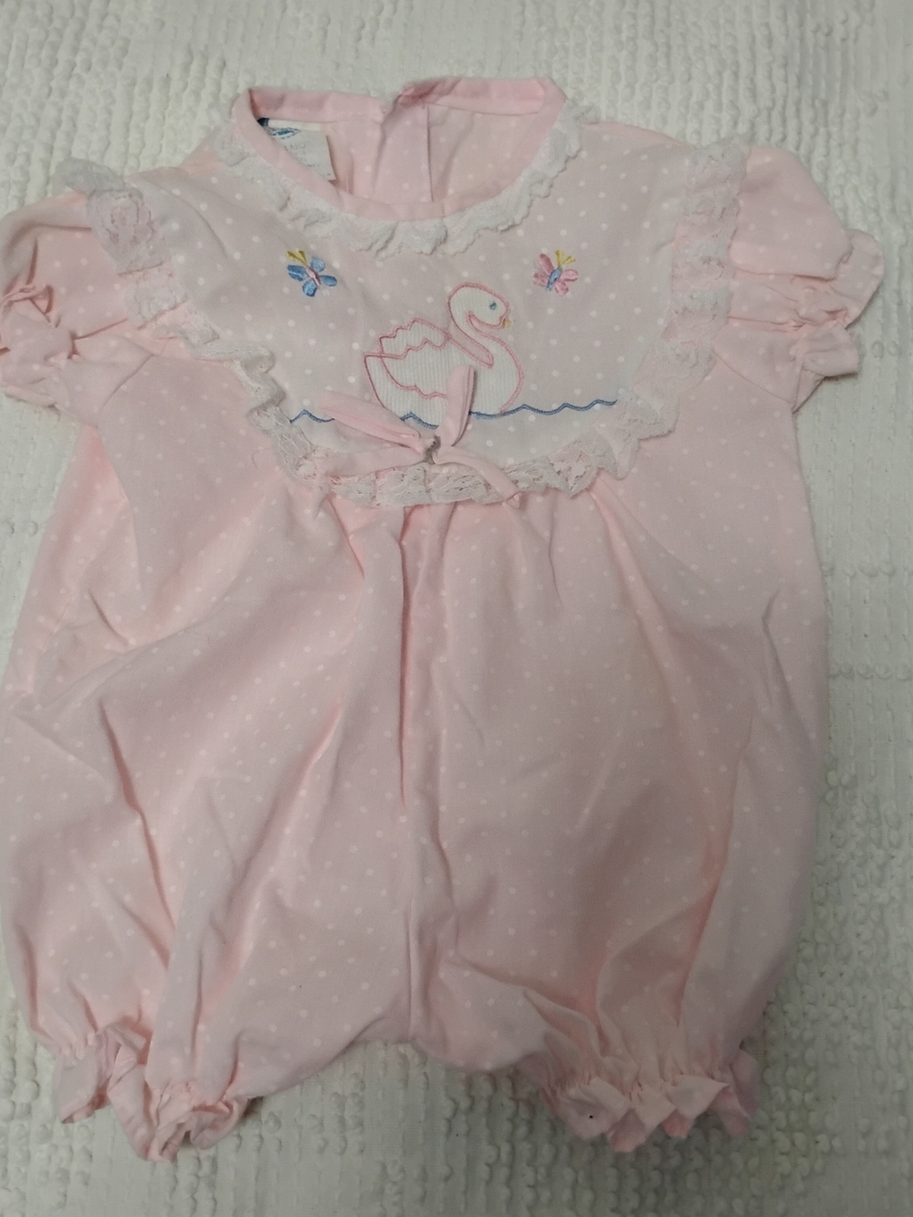 Vintage 80s Cradle Togs Baby Girl Pink Swiss Dot Bubble Romper Swan Embroidered